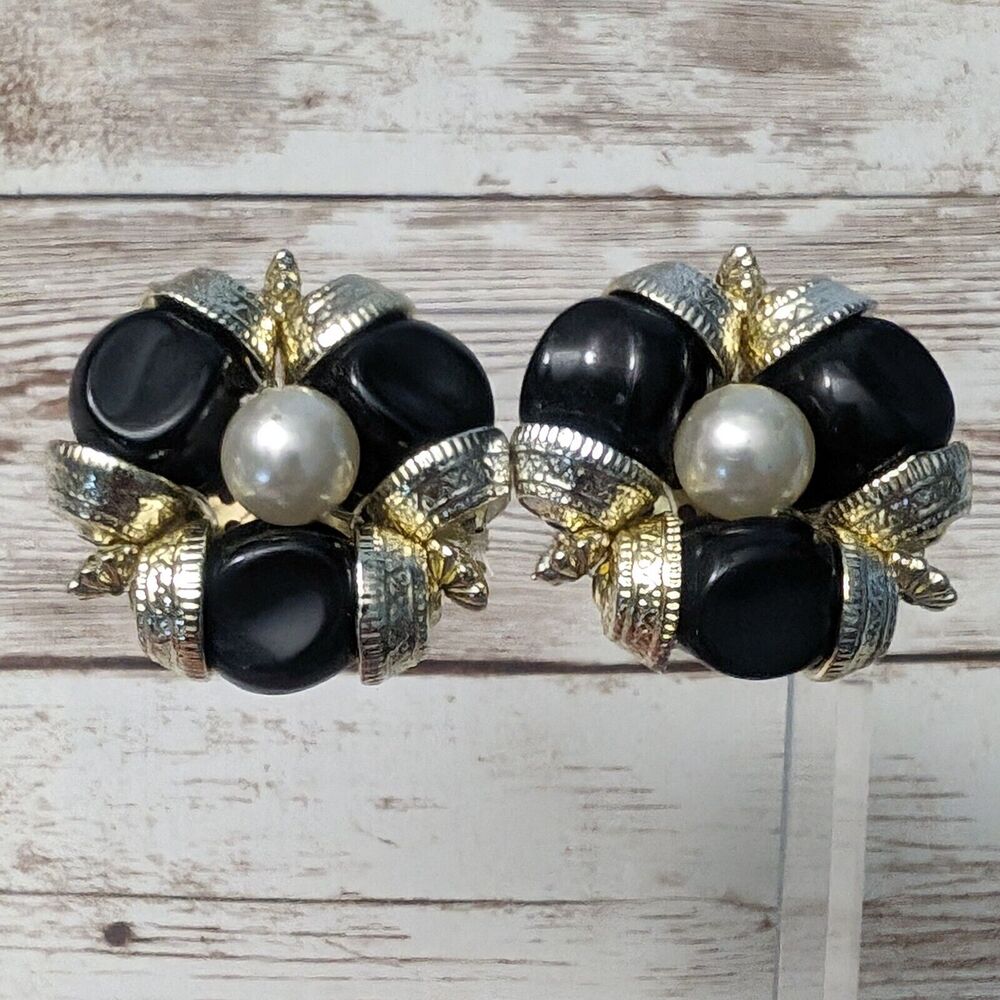 Vintage Clip On Earrings - Large Chunky Statement - Gold, Faux Pearl, Black